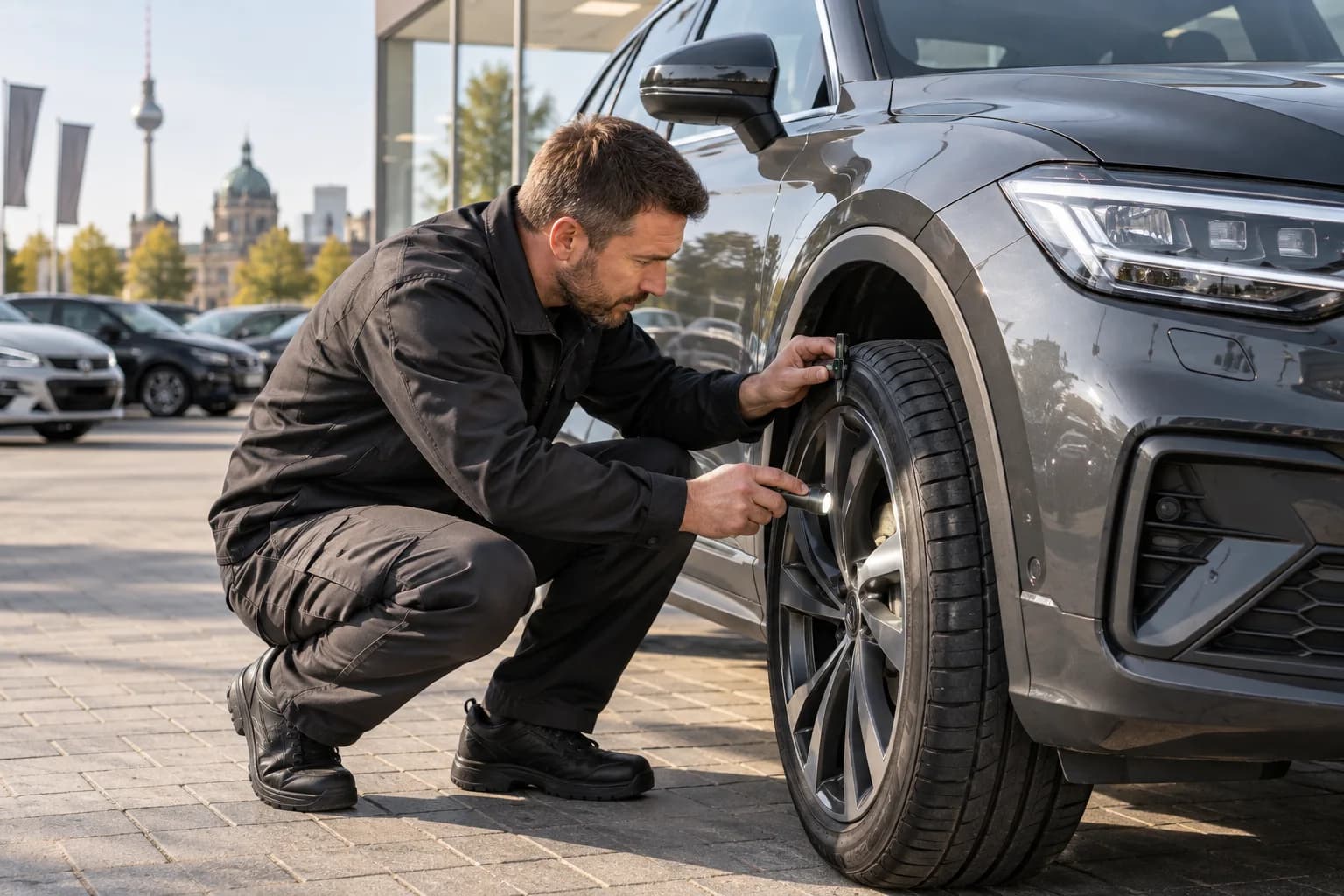 Illustrative inspection of tyres and visible brakes at the vehicle location